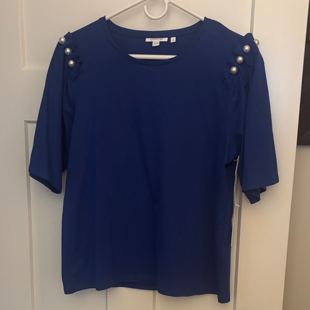 Chico's Royal Blue Top with Pearl Shoulder Accents